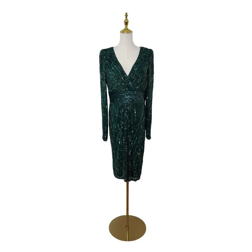 Mac Duggal 4632 Emerald Green Sequin Long Sleeve Cocktail Dress Size 14 $498